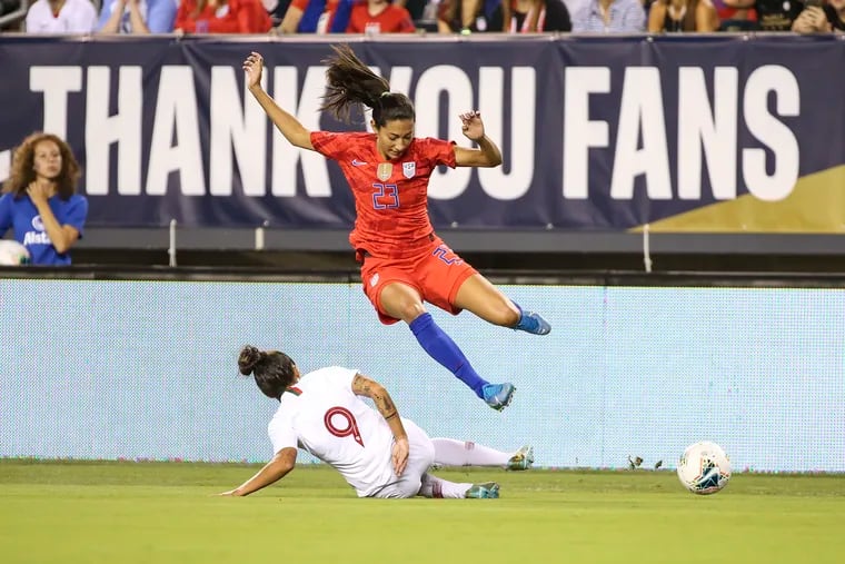Christen Press playing for the U.S. women's national team against Portugal at Lincoln Financial Field in August of 2019, when the Americans drew a record crowd of 49,504 fans.