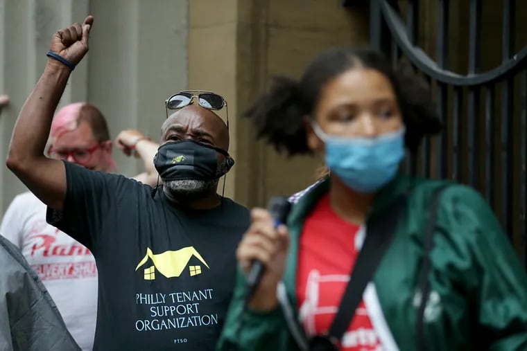 Barry Thompson, president of Philly Tenant Support Organization, chants as a group protests about the end of the PA eviction moratorium outside Philadelphia Municipal Court in Philadelphia, Pa. on August 31, 2020. The Pennsylvania eviction moratorium ends August 31, possible putting thousands of Philadelphians at risk of losing housing.