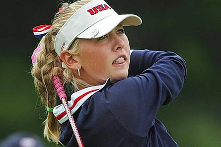 United States' Jessica Korda tees off on the first hole during the Curtis Cup golf tournament against Britain and Ireland on Saturday. (AP Photo/Boston Herald, Patrick Whittemore)