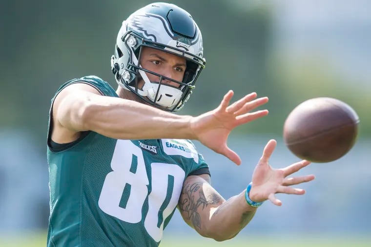 Tyree Jackson, 80, practice during, 2021 Eagles Training Camp in Philadelphia, Pa. Friday, July 30, 2021