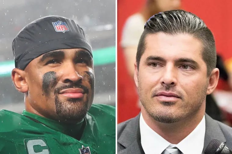 Eagles quarterback Jalen Hurts is an MVP candidate, but NFL Network analyst David Carr, right, thinks he should be benched.