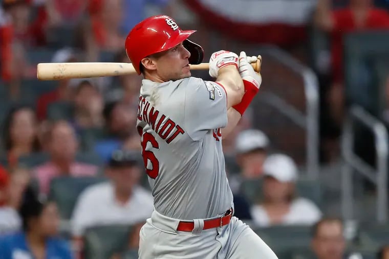 ATLANTA, GEORGIA - OCTOBER 04: Paul Goldschmidt #46 of the St. Louis Cardinals hits a single in the ninth inning in game two of the National League Division Series against the Atlanta Braves at SunTrust Park on October 04, 2019 in Atlanta, Georgia. (Photo by Todd Kirkland/Getty Images)