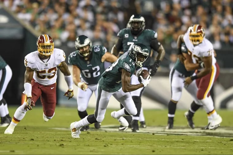 Philadelphia Eagles wide receiver Nelson Agholor catches a pass over the middle on 3rd and 20 and turns it into a first down in the 2nd quarter of the game against the Washington Redskins at Lincoln Financial Field October 23, 2017. CLEM MURRAY / Staff Photographer