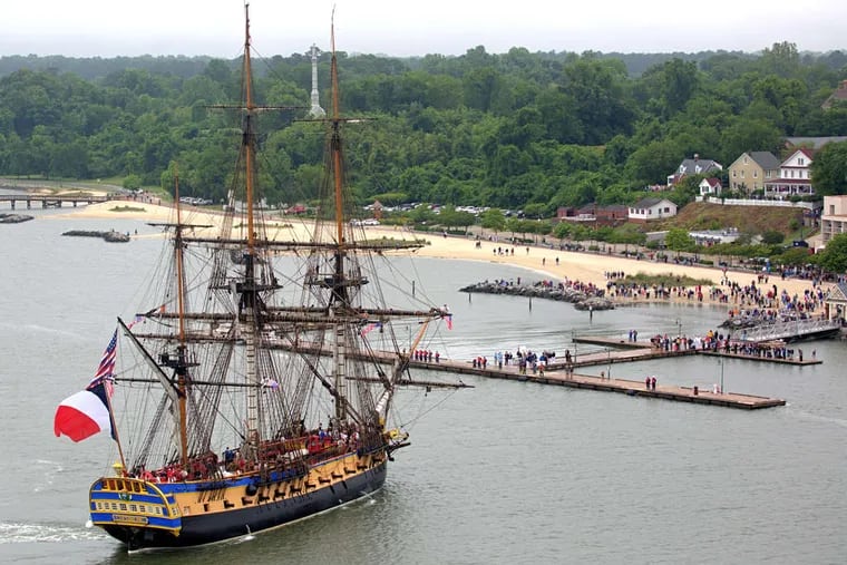 More than a month after leaving France , the French tall ship Hermione, a replica of the vessel that brought the Marquis de Lafayette across the Atlantic Ocean more than two centuries ago, sails into Yorktown, Va. In between, it had stopped in the Canary Islands. JOE FUDGE / Daily Press