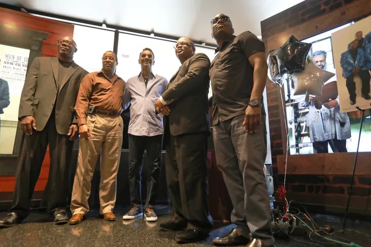 Lyndon Baines Jones, Troy Smith, Ira Tucker Jr., Carlton Lewis and Torrey Nettles attend a celebration of the 90th anniversary of the Dixie Hummingbirds at the African American Museum, Philadelphia, Pa., Monday Aug. 27, 2018. DAVID SWANSON / Staff Photographer .