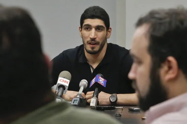Oklahoma City Thunder center Enes Kanter speaks about being detained at Henri Coanda Airport in Bucharest, Romania, during a news conference in New York on Monday.