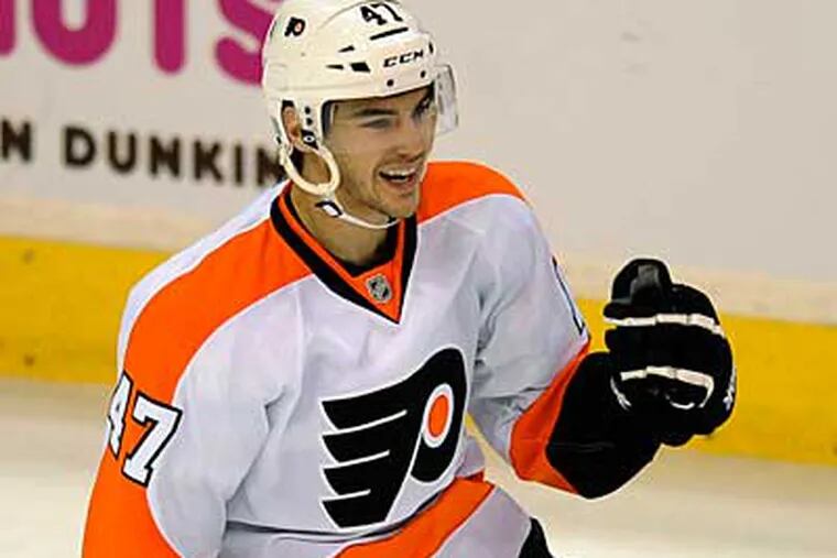 Flyers winger Eric Wellwood scored the game's lone goal. (Nick Wass/AP)
