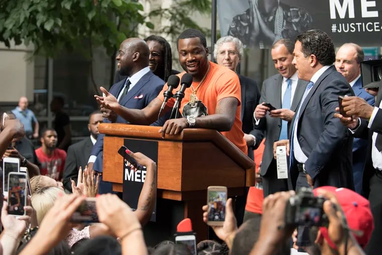 Rapper Meek Mill speaks to supporters minutes after exiting the Philadelphia Criminal Justice in Center City Philadelphia after a hearing before Judge Genece Brinkley on Monday, June 18, 2018.