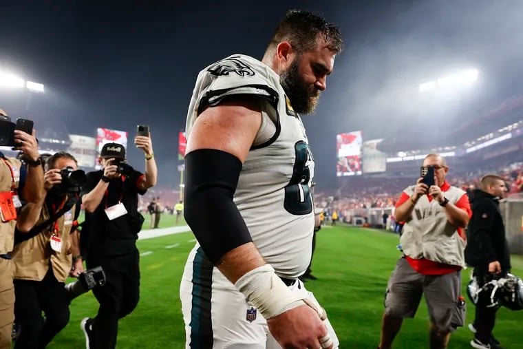 Jason Kelce walks off the field after the Eagles lost to the Tampa Bay Buccaneers in the NFC wild-card playoff game at Raymond James Stadium in Tampa, Florida on Monday, Jan. 15, 2024.