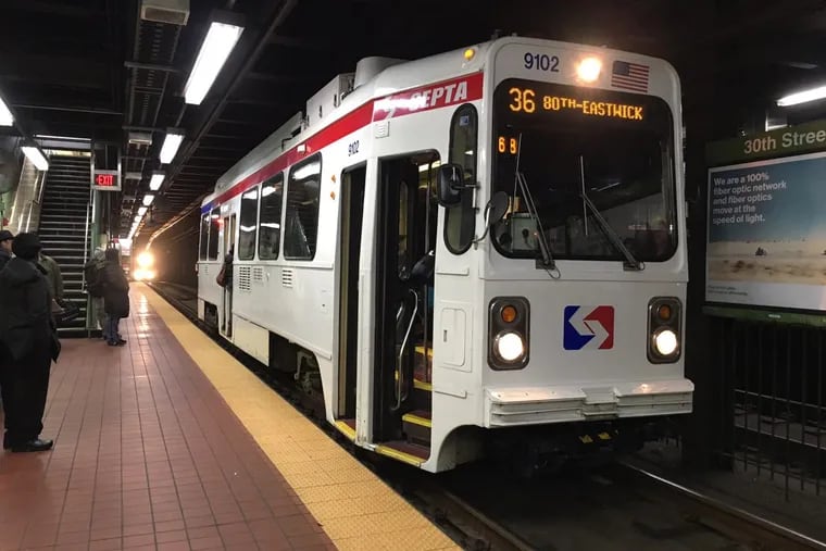 A SEPTA Route 36 trolley at  30th Street Station.