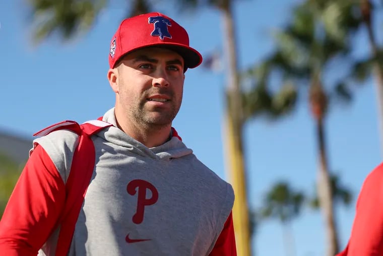 New Phillie Whit Merrifield enters his first day of spring training on Monday at BayCare Ballpark in Clearwater, Fla.