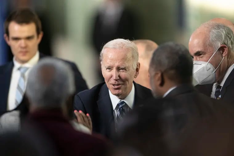 United States President, Joe Biden interacts with local community leaders and lawmakers during a visit at the Belmont Water Treatment Plant in Philadelphia, Pa. Friday, Feb. 3, 2023.