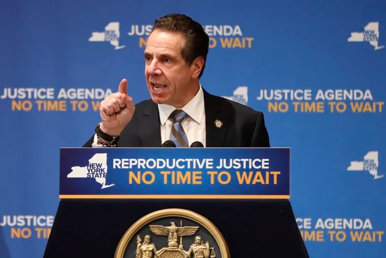 FILE - In this Monday, Jan. 7, 2019 file photo, Gov. Andrew Cuomo speaks during an appearance with former Secretary of State Hillary Clinton where both Democrats called for codifying abortion rights into New York State law during a joint appearance at Barnard College in New York. Cuomo says Trump's Supreme Court nominees "don't even pretend to be objective jurists. They've already announced their intention to impose their morality on the nation and roll back Roe v. Wade." (AP Photo/Kathy Willens)