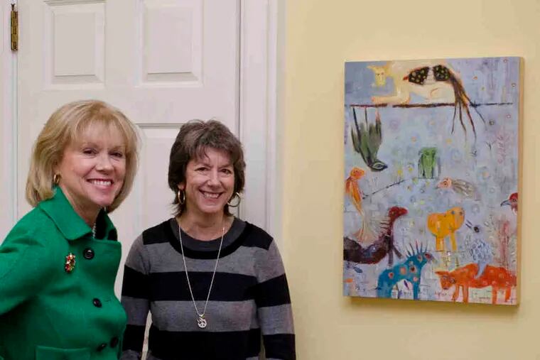 Midge Rendell (left), artist Susan B. Howard, and her painting.