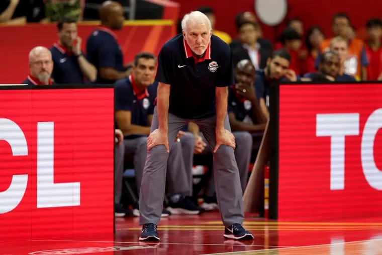 With Jay Wright looking on in the background, Team USA coach Gregg Popovich watched his team during a quarterfinal against France in the FIBA Basketball World Cup in China.