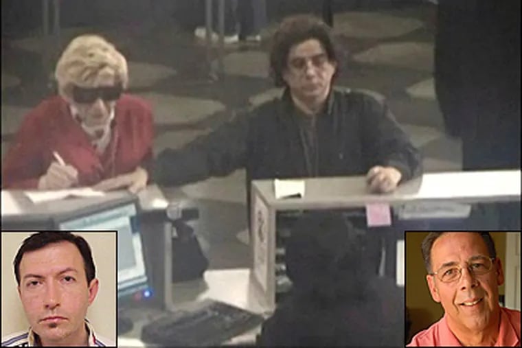 Thomas Parkin, of Brooklyn, N.Y., (inset, left) is seen posing as his mother to collect her Social Security checks in this surveillance photo (center). Plymouth Meeting's Thomas Parkin, (inset, right), believes his identity was stolen by the New York Parkin. (AP / Ron Tarver / Staff Photographer)