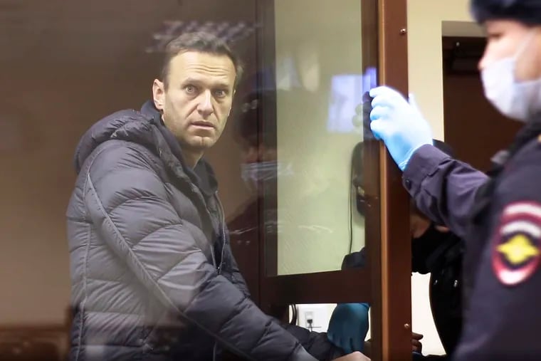 In this image made from video provided by the Babuskinsky District Court, Russian opposition leader Alexei Navalny stands in a cage during a hearing on his charges for defamation.