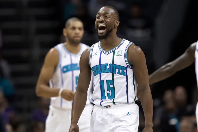 The Hornets' Kemba Walker (15) is averaging 40.2 points against the 76ers this season.