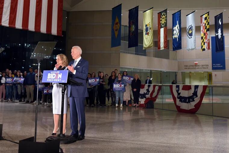 With a crowd of staffers and volunteers from his Philadelphia campaign headquarters as the audience, former vice president Joe Biden makes a last minute stop at the National Constitution Center with his wife Jill Biden on Tuesday, after a rally in Cleveland was canceled due to the coronavirus.