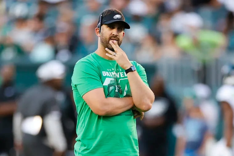 Eagles head coach Nick Sirianni watches his team during a public practice at Lincoln Financial Field on Sunday, August 7, 2022.