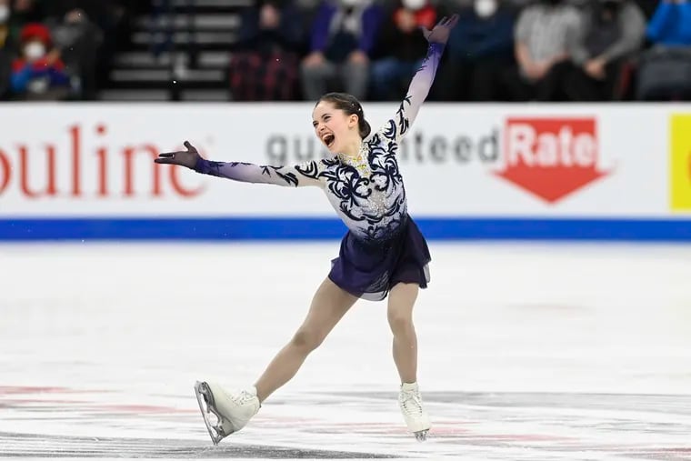 Isabeau Levito competes in the women's free skate program during the U.S. Figure Skating Championships on Jan. 7 in Nashville, Tenn. She went on to win the bronze medal, but at 14, she is too young for to qualify for the Winter Olympics.