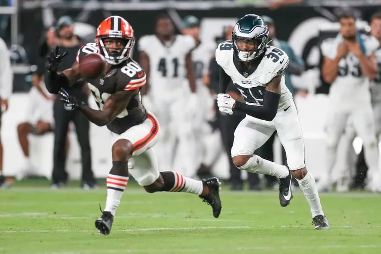 Eagles cornerback Eli Ricks chases down Cleveland Browns wide receiver Austin Watkins during the preseason game at Lincoln Financial Field on Aug. 17.