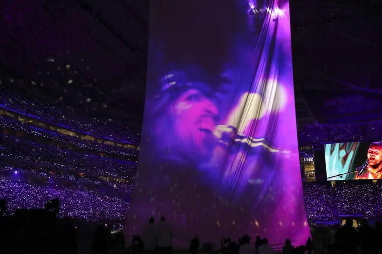 A video projection of Prince accompanied Justin Timberlake  during the halftime show at Super Bowl LII, at U.S. Bank Stadium in Minneapolis.