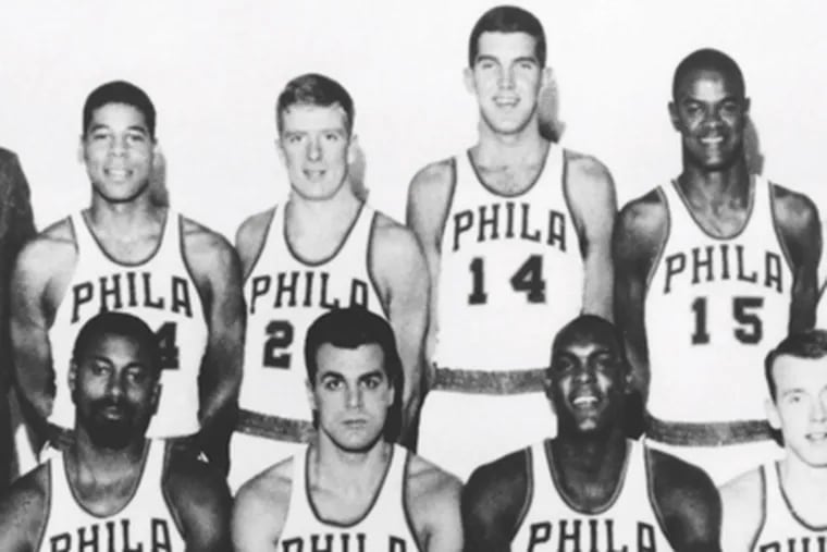 The 1967 World Champion 76ers.  Standing left to right: Trainor Al Domenico, Coach Alex Hannum, Wally Jones, Bill Melchionni, Matt Goukas, Hal Greer, Larry Costello, President Irv Kosloff and Jack Ramsey. Seated left to right: Wilt Chamberlain, Dave Gambee, Lucious Jackson, Billy Cunningham and Chet Walker. (Photo credit: Philadelphia 76ers)