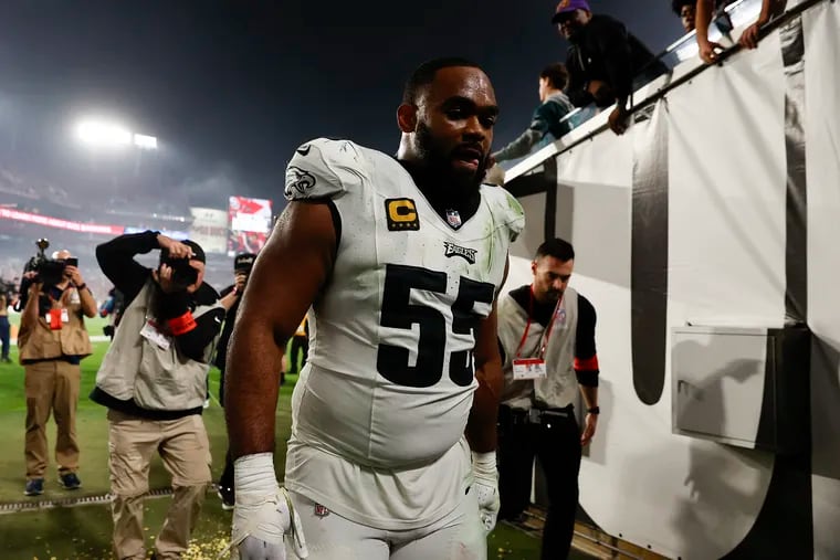 Eagles defensive end Brandon Graham walks off the field after the loss to the Bucs on Monday. He says he'll retire after the 2024 season, which would be his 15th in the league.