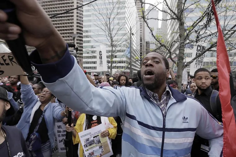 "Philly is Baltimore" demonstration, decrying alleged police brutality in both cities, at City Hall in Philadelphia on April 30, 2015. ( ELIZABETH ROBERTSON / Staff Photographer )