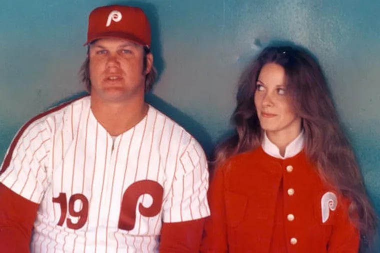 Ms. Smith sits with former Phillies star Greg Luzinski during her time as a team representative in the 1970s and '80s.