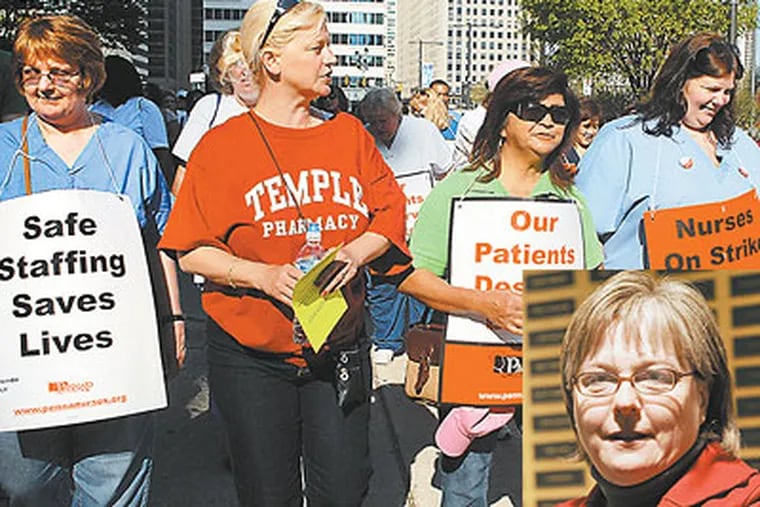 Members of the Pennsylvania Association of Staff Nurses and Allied Professionals on strike against Temple University Hospitals after a protest rally outside City Hall on April 8. Sandra L. Gombert, RN, MSN and interim executive director/chief executive officer (inset).