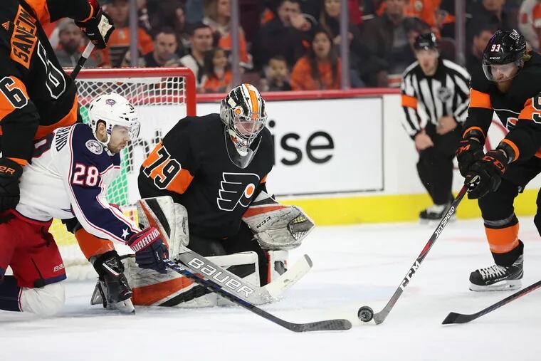 Flyers goaltender Carter Hart, shown in a recent game against Columbus, will face Carolina on Monday night in Raleigh. He has a 2.28 goals-against average in four starts.