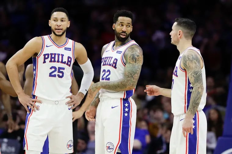 Wilson Chandler (center) has an unheralded role playing alongside Sixers starters Ben Simmons (left) and JJ Redick (right)