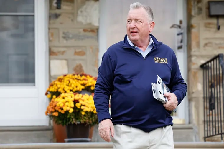 Republican City Council candidate Jim Hasher leaves a home in the Torresdale neighborhood of Northeast Philadelphia while meeting with supporters and door knocking on Saturday, November 4, 2023 in Philadelphia.  Hasher is running for a Philadelphia City Council at-large seat.