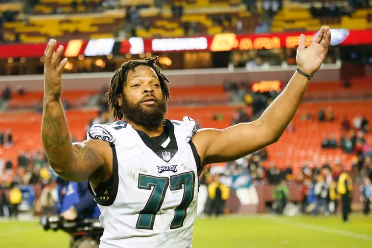Eagles defensive end Michael Bennett reacting after a victory over Washington in December.
