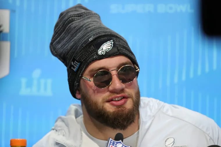 Lane Johnson, shown at Super Bowl LII Media Night, has the look of a winner.