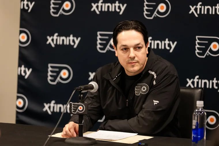 Flyers general manager Danny Brière speaking to the media ahead of the All-Star break in Voorhees on Wednesday.