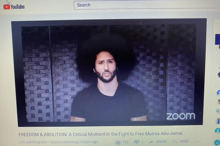 Former San Francisco 49er Colin Kaepernick speaks on behalf of Mumia Abu-Jamal in a video statement that was played during a virtual news conference for Abu-Jamal on Monday.