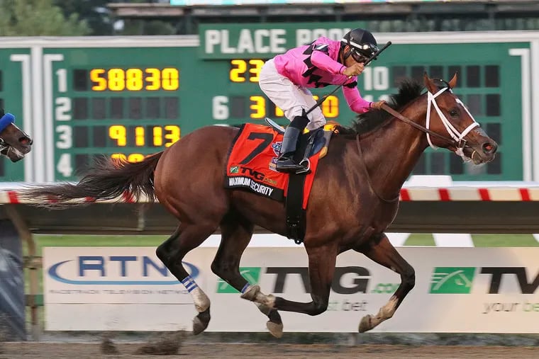 In this image provided by Ryan Denver/EQUI-PHOTO, Inc., Maximum Security (7), ridden by Luis Saez, wins the Grade I - $1,000,000 TVG.com Haskell Invitational horse race Saturday, July 20, 2019, at Monmouth Park Racetrack in Oceanport, N.J. (Ryan Denver/EQUI-PHOTO, Inc. via AP)