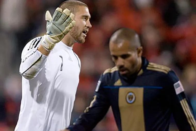 Union goalie Chris Seitz, left, reacts during the second half against Toronto FC. (AP Photo/The Canadian Press, Chris Young)