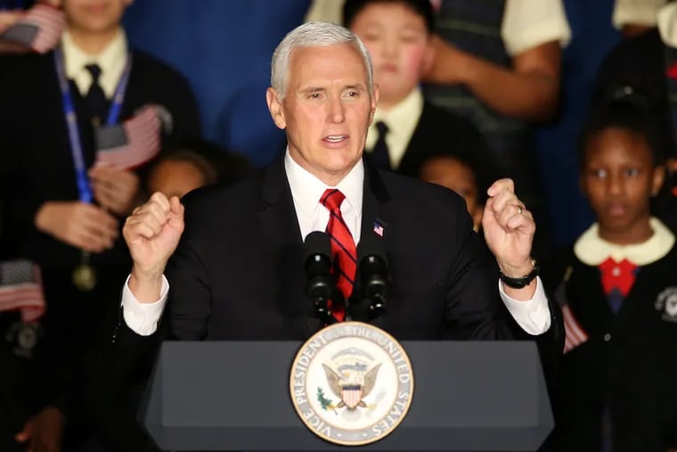 Vice President Mike Pence speaks at St. Francis de Sales School in West Philadelphia on Wednesday, Feb. 5, 2020. Pence and Secretary of Education Betsy DeVos were at the school for an event about school choice.