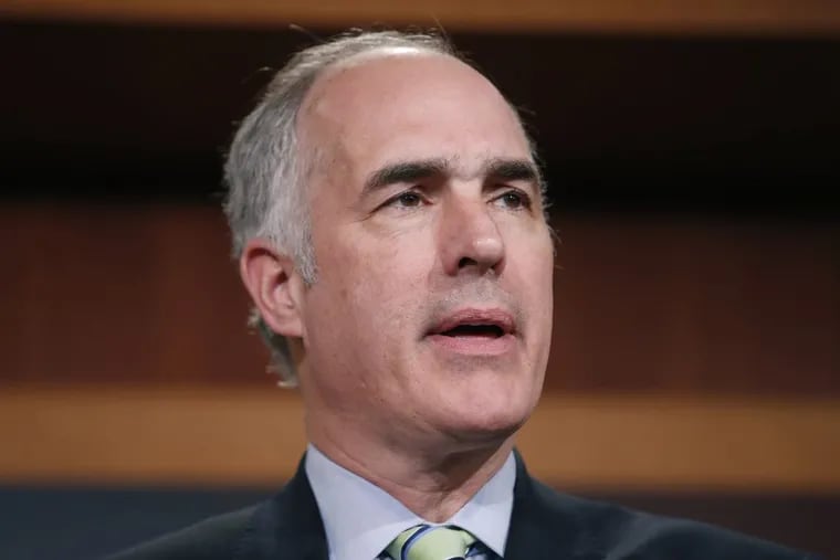 Sen. Bob Casey, D-Pa., speaks about President Donald Trump's first 100 days, during a media availability on Capitol Hill in April. (AP Photo/Alex Brandon)
