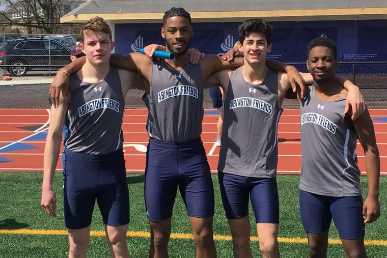 Sam Shally, Ace Bibbs, Chase Balick, and Sydney Smith make up the record-setting sprint medley relay team for Abington Friends School.
