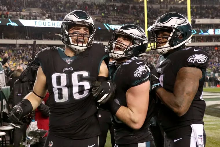 Eagles tight end Zach Ertz celebrates a two yard touchdown pass during the fourth quarter of the game against the New York Giants on Monday, December 9, 2019 at Lincoln Financial Field in Philadelphia.