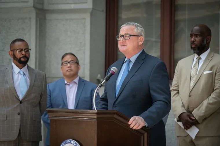 Mayor Jim Kenney speaks at a news conference to discuss the anti-violence funding in the new budget on Wednesday.