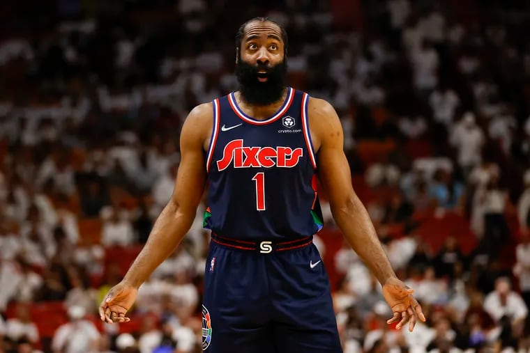 Sixers guard James Harden questions a foul call against the Miami Heat in the third quarter during game two of the second-round Eastern Conference playoffs on Wednesday, May 4, 2022 in Miami.
