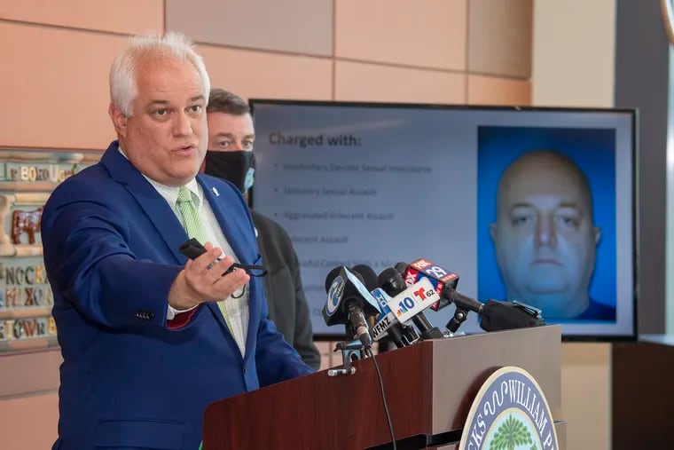 Bucks County District Attorney Matthew Weintraub, announces the charges against former Warminster Township Police Officer James Carey, during a news conference at the Bucks County Justice Center on Wednesday.