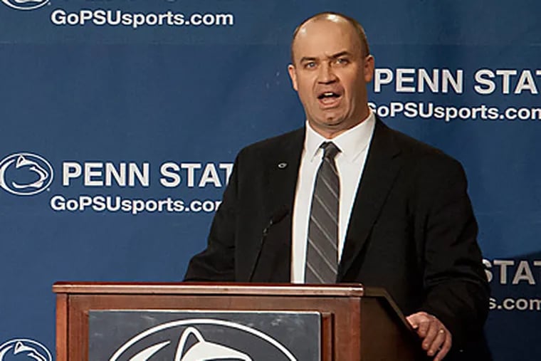 Bill O'Brien speaks to the media for the first time since being named Penn State's new coach. (AP Photo/Andy Colwell)