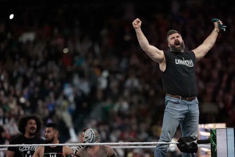 Former Eagles center Jason Kelce appears in the ring during WrestleMania at Lincoln Financial Field in Philadelphia on Saturday, April 6, 2024.

